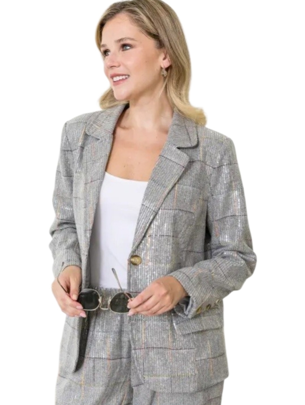 Joh Jamie Sequin Blazer Gray Herringbone Wool Blend Patchwork M